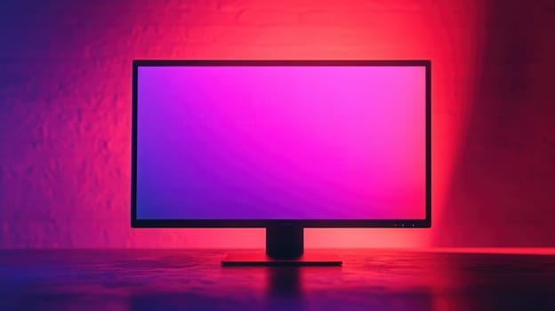 Wide screen monitor showing purple pink gradient background illuminated by neon lights in a dark room