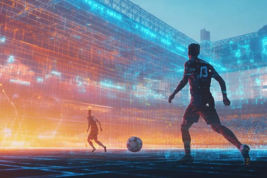 Professional soccer players running on field during virtual reality soccer game in futuristic stadium