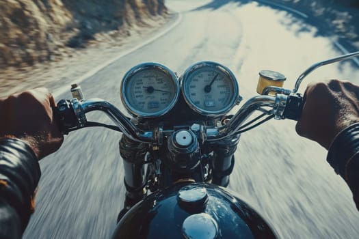 Motorcyclist driving a custom vintage motorbike on a scenic mountain road