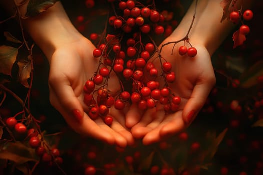 Woman gently holding a branch of vibrant red berries in her cupped hands, surrounded by autumn foliage