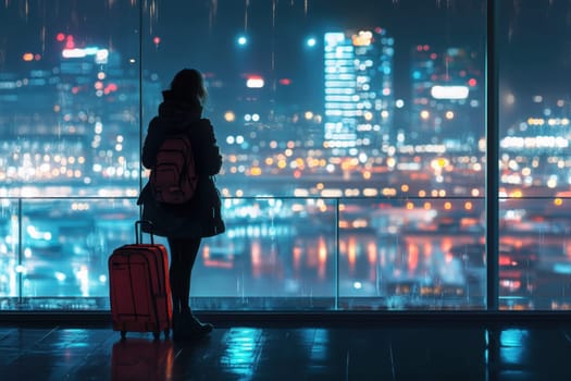 Traveler with luggage waiting in airport at night, observing the cityscape through a large window