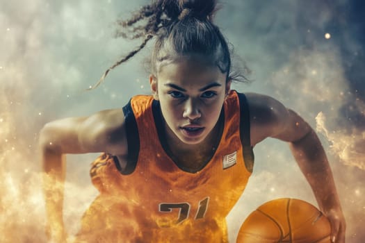 Young woman basketball player dribbling with intense determination and fiery passion