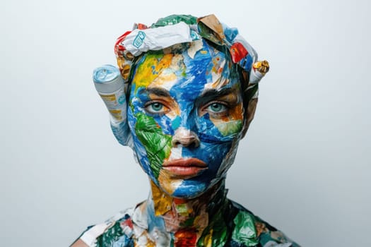 Portrait of a person with plastic waste on their body and hair, symbolizing environmental pollution and the need for recycling