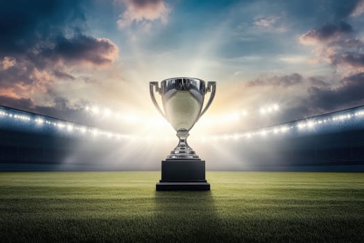 Silver trophy standing on a stadium field at sunset after winning sport championship