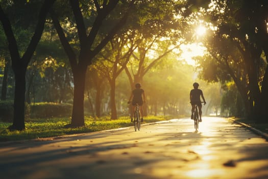 Two cyclists enjoying a morning ride through a sun drenched park