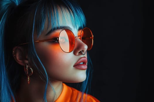 Young stylish woman wearing orange sunglasses and blue hair posing in studio shot