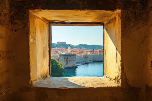 Scenic view of dubrovnik old town and its harbor through an ancient fortress window, bathed in golden sunlight