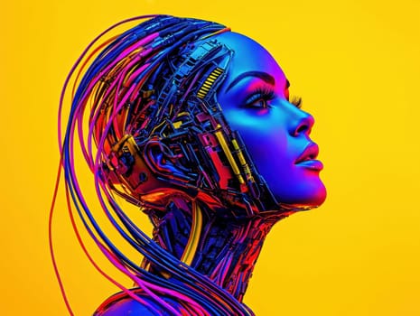 Cyberpunk female robot looking up with wires and circuits on yellow background, showcasing advanced ai technology