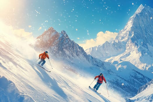 Two skiers enjoying a sunny day skiing downhill on a snowy mountain slope
