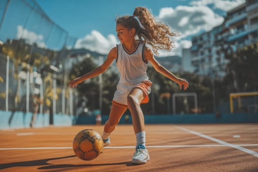 Pre adolescent girl practicing soccer, dribbling ball on outdoor court, demonstrating skill and athleticism