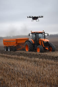 smart farming scene of drone flying above tractor in a field, showcasing technology precision agriculture and sustainable farming practices