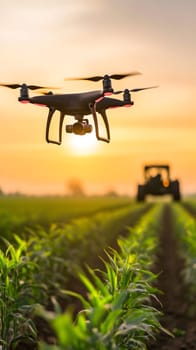 smart farming scene of drone flying above tractor in a field, showcasing technology precision agriculture and sustainable farming practices