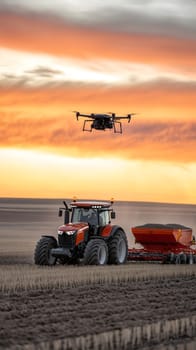smart farming scene of drone flying above tractor in a field, showcasing technology precision agriculture and sustainable farming practices
