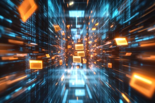 This dynamic image features a holographic projection showcasing a vibrant data sharing interface. Bright colors and movement illustrate advanced technology concepts, ideal for digital and tech-related projects.