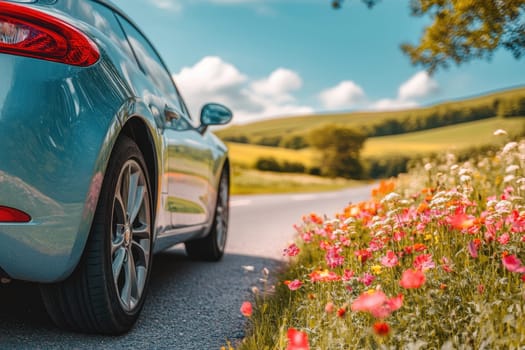 A captivating back view of a car showcasing its rear wheels against a charming roadside filled with colorful flowers, embodying the essence of summer adventures.