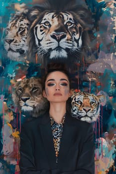 Abstract young woman in a suit with lion and tiger head