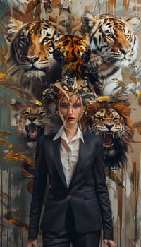 Abstract young woman in a suit with lion and tiger head