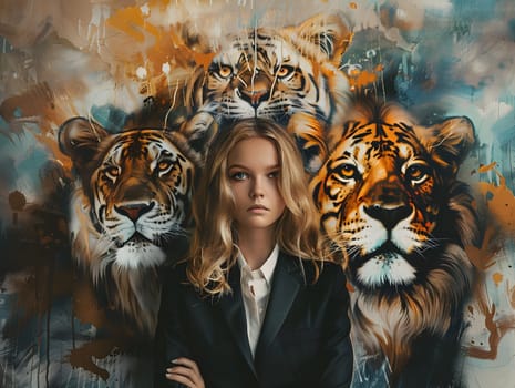 Abstract young woman in a suit with lion and tiger head