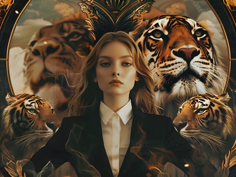 Abstract young woman in a suit with lion and tiger head