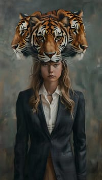 Abstract young woman in a suit with lion and tiger head