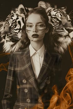 Abstract young woman in a suit with lion and tiger head