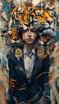Abstract young woman in a suit with lion and tiger head