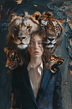 Abstract young woman in a suit with lion and tiger head