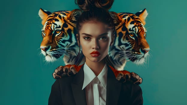 Abstract young woman in a suit with lion and tiger head