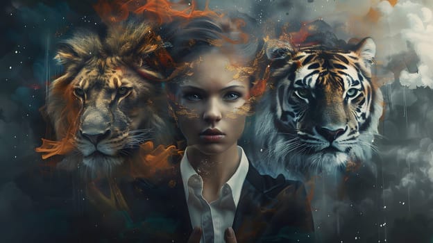 Abstract young woman in a suit with lion and tiger head