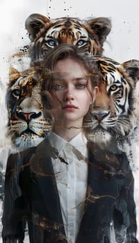 Abstract young woman in a suit with lion and tiger head
