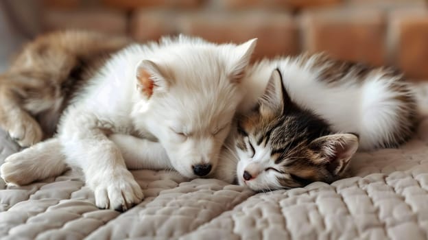 Adorable puppy and kitten lying together in a loving