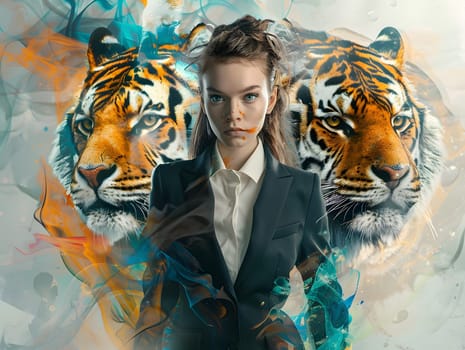 Abstract young woman in a suit with lion and tiger head