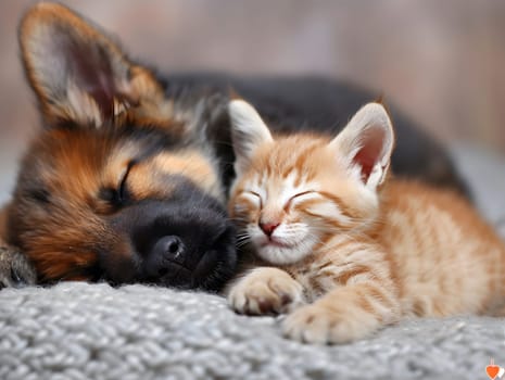 Adorable puppy and kitten lying together in a loving