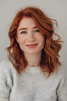 Adult female with ginger hair smiling into a camera. Isolated background with copy space.