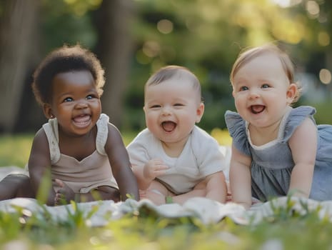 Adorable multiethnic babies laughing together outdoors