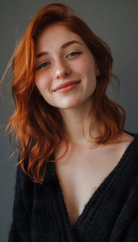 Adult female with ginger hair smiling into a camera. Isolated background with copy space.