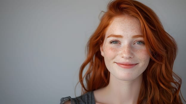 Adult female with ginger hair smiling into a camera. Isolated background with copy space.