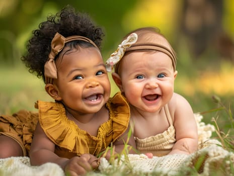 Adorable multiethnic babies laughing together outdoors