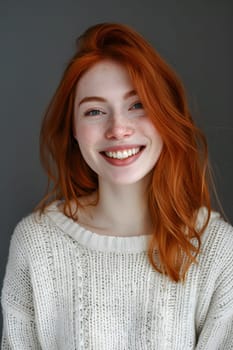 Adult female with ginger hair smiling into a camera. Isolated background with copy space.