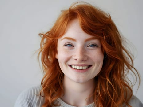 Adult female with ginger hair smiling into a camera. Isolated background with copy space.