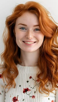 Adult female with ginger hair smiling into a camera. Isolated background with copy space.