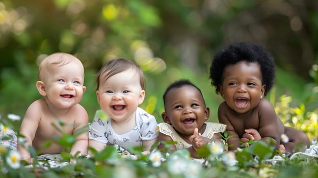 Adorable multiethnic babies laughing together outdoors