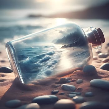 artificial intelligence generated image of a whimsical world contained within a bottle drifting along the shores