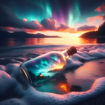 artificial intelligence generated image of a whimsical world contained within a bottle drifting along the shores