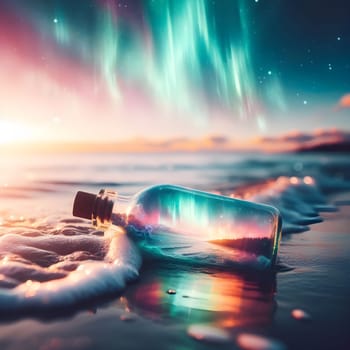 artificial intelligence generated image of a whimsical world contained within a bottle drifting along the shores