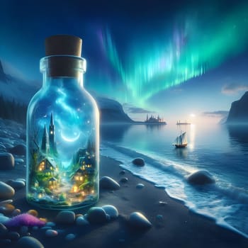 artificial intelligence generated image of a whimsical world contained within a bottle drifting along the shores