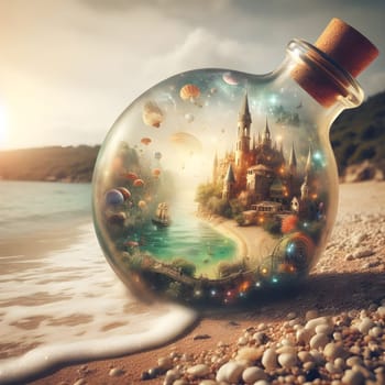 artificial intelligence generated image of a whimsical world contained within a bottle drifting along the shores