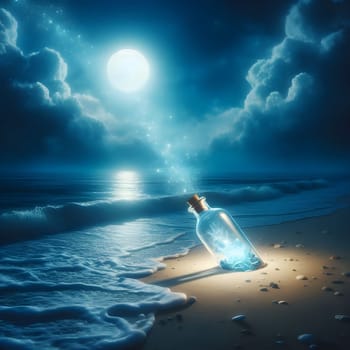 artificial intelligence generated image of a whimsical world contained within a bottle drifting along the shores