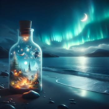 artificial intelligence generated image of a whimsical world contained within a bottle drifting along the shores