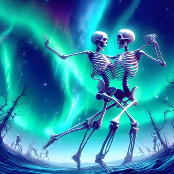 artificial intelligence generated image of a couple of skeleton dancing happy moment in digital art style.
